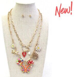 Magical Mushroom Garden Charm Necklace Boho Dragonfly Butterfly Flower Hearts